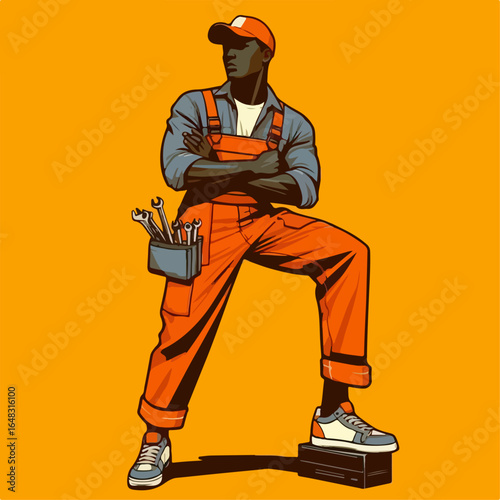illustration of professional mechanic worker on orange background