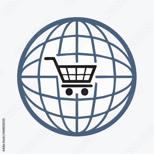 Conceptual illustration of a shopping cart overlaid on a globe grid, symbolizing worldwide online shopping, global market access, and digital commerce across borders.