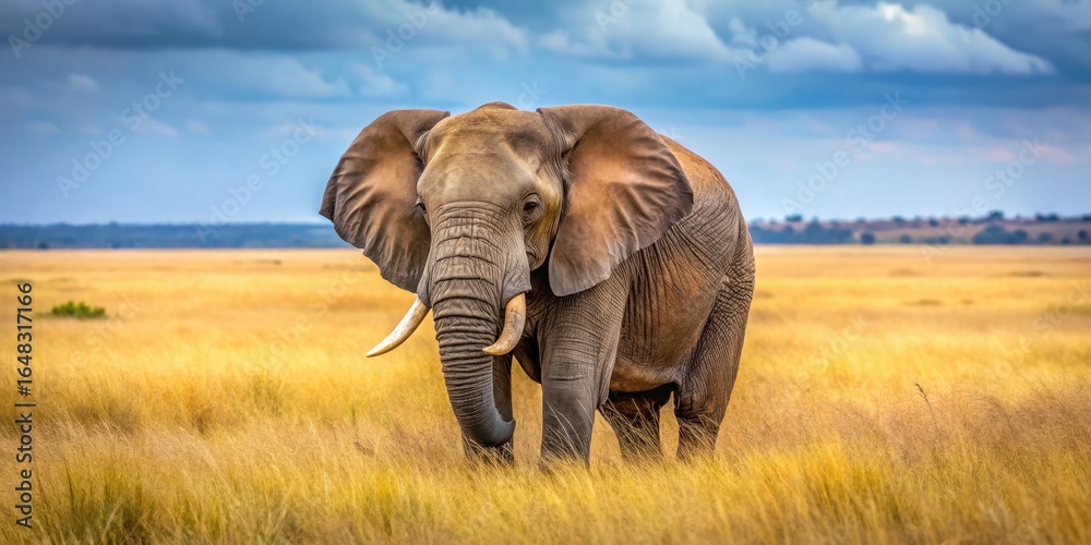 Fototapeta premium Large brownish grey striped elephant with stripy skin standing in savannah