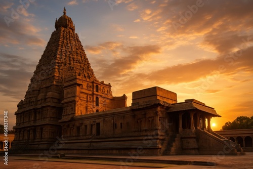 Majestic Thanjavur Brihadeeswarar Temple at Sunset: Dravidian Architecture in Golden Light.