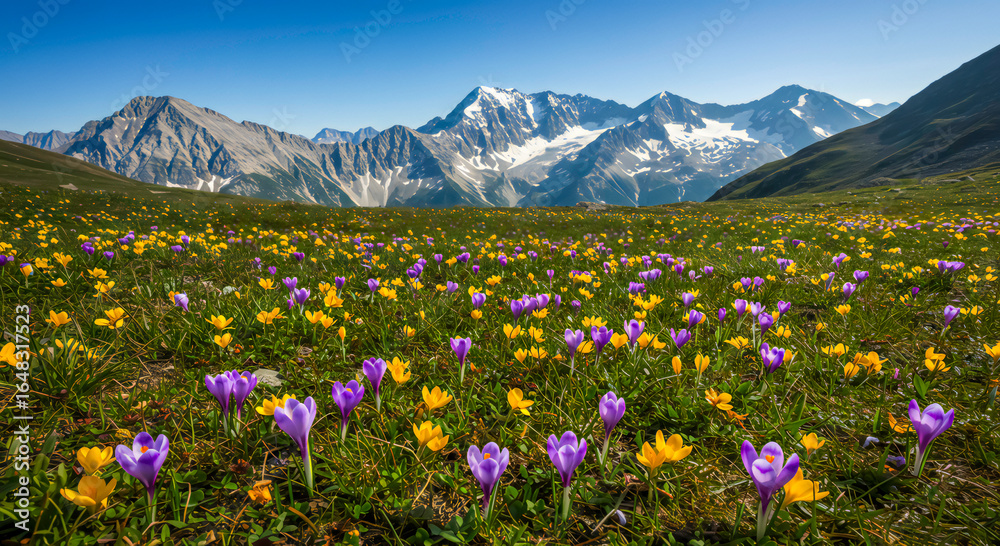 Fototapeta premium Spring Blooming Flowers in Valley Below Snowy Mountains