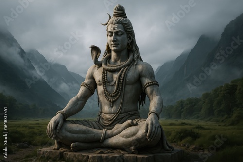 A serene statue of Lord Shiva in deep meditation with a cobra snake amidst a misty mountain landscape.