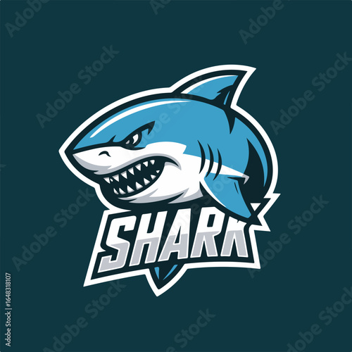 Fierce blue shark aggressive mascot logo design white grey