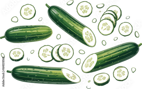 Fresh green cucumbers sliced and whole food