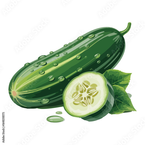 Fresh green cucumber with water droplets and leaves vector