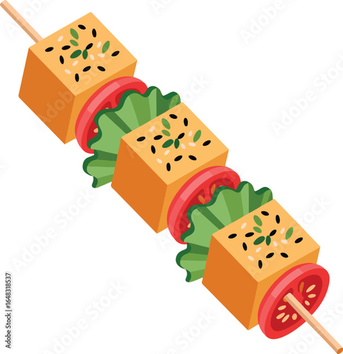 Orange tofu cubes with tomato and lettuce on skewer sesame