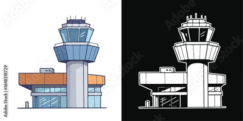 Stylized airport control tower building with blue windows and orange accents vector