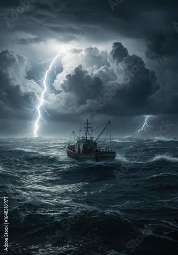 Fishing vessel courageously navigates a tempestuous sea illuminated by brilliant lightning flashes