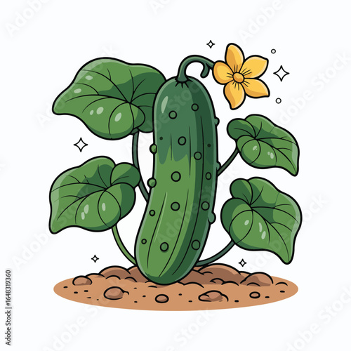 Cartoon green cucumber plant with yellow flower and leaves vector