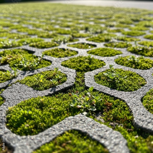 Interlocking paving stones with vibrant moss providing natural drainage and ecosystem support