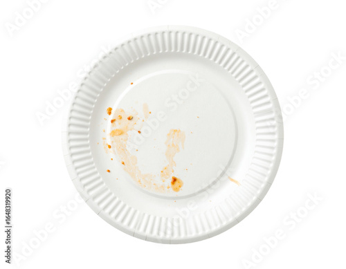 A close-up shot of a dirty, crumpled paper plate, isolated on a white background, highlighting food waste and the issue of disposable products.