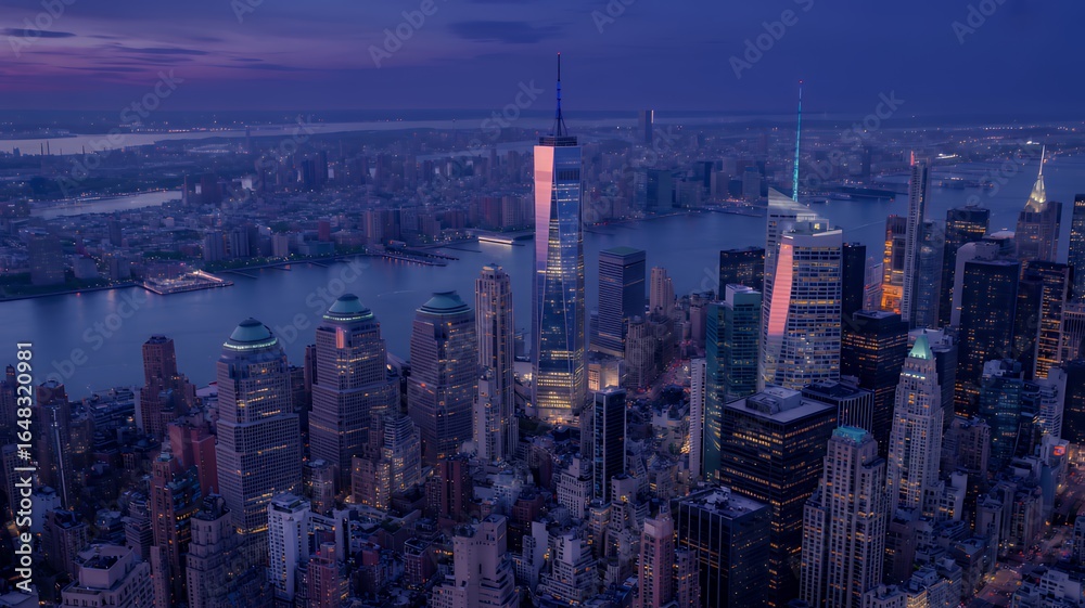 Fototapeta premium Stunning Nighttime Aerial View of Manhattan Skyline