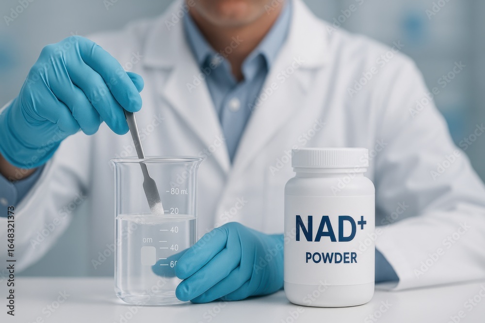 Fototapeta premium Mixing NAD Plus Powder in Beaker Faceless Lab Scene UHD