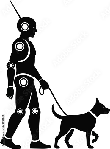 A silhouette of robot walking a dog, symbolizing intersection of technology and companionship, exploring themes of artificial intelligence, future, and evolving relationship with pets