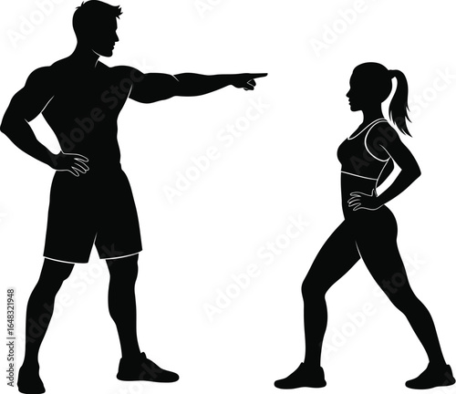 A silhouette of fitness trainer guiding a woman in a workout, coach is pointing, instructing woman proper form and technique