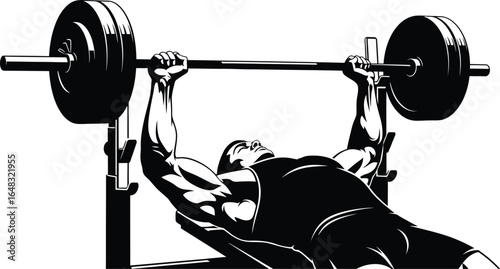 A silhouette of weightlifter performing a bench press with a barbell, athlete is lifting a heavy weight, building muscle and strength