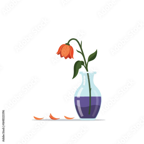 A wilted flower in a clear vase filled with colored water, with fallen petals on a clean surface