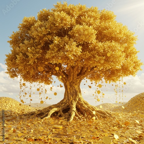 A conceptual rendering of a gold coin tree symbolizing wealth prosperity and abundance