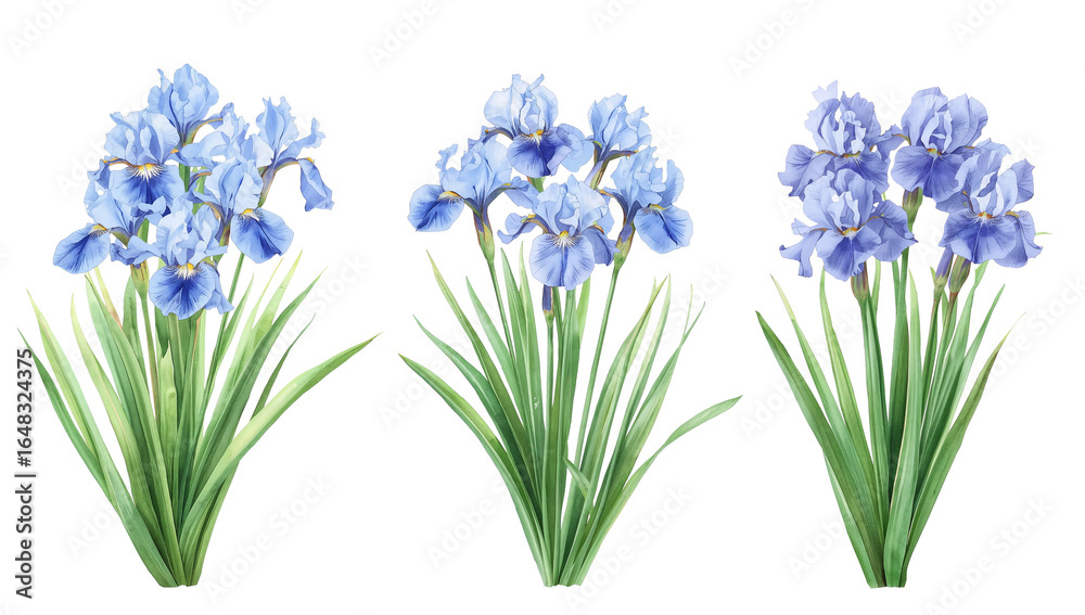 Fototapeta premium Floral arrangement of irises in a botanical illustration with an isolated transparent background