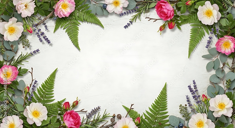 Fototapeta premium Elegant floral frame featuring roses, ferns, eucalyptus, and lavender for invitations