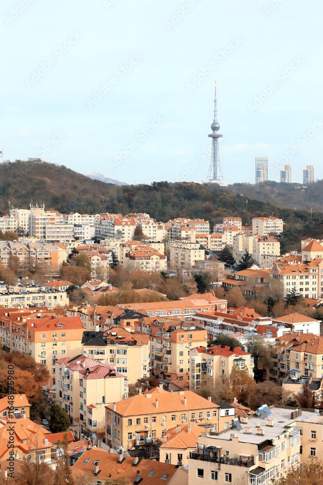 Obraz premium Enchanting aerial view of Qingdao showcasing Zhanqiao Pier and Signal Hill in autumn's embrace