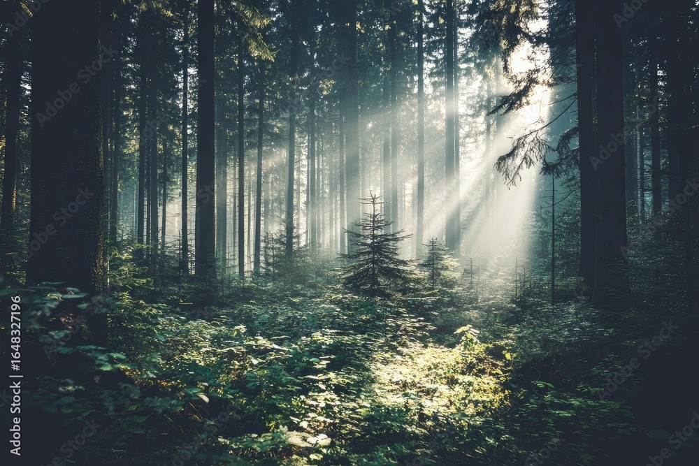 Obraz premium Sunbeams pierce a misty forest (1)