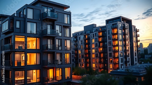 A modern apartment complex with geometric architecture glowing under the warm hues of a sunset.