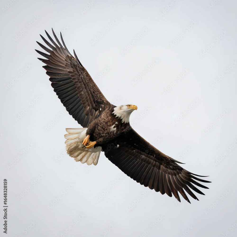 Fototapeta premium American bald eagle soaring with wings spread wide against a blue sky