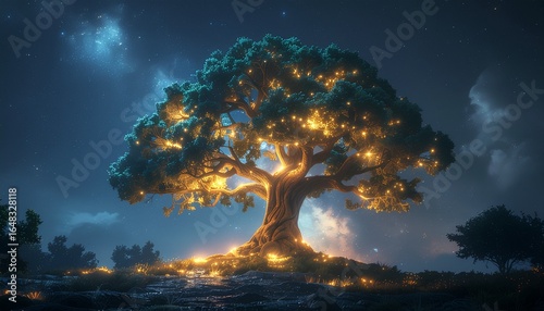 Panoramic Night Tree of Life with Glowing Leaves