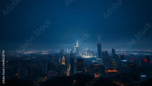 A breathtaking urban skyline illuminated by city lights under a gradient night sky.
