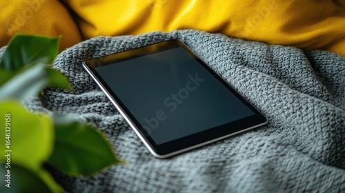 A black tablet rests on a gray knit blanket, partially obscured by a yellow fabric in the background and a houseplant to the left. The screen is dark, unlit