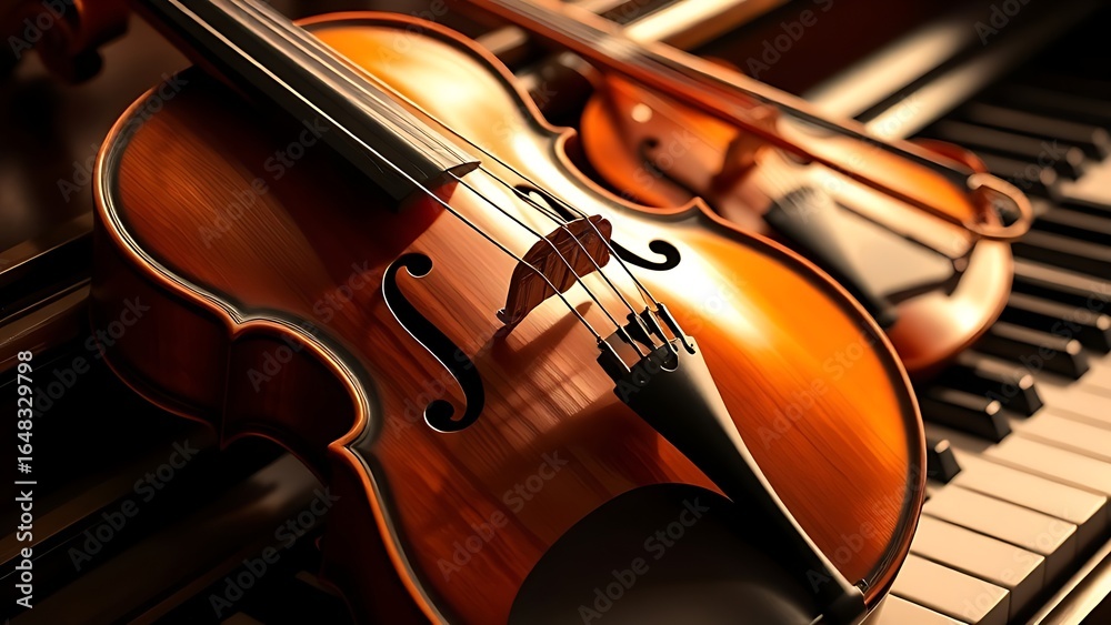 Fototapeta premium Elegant arrangement of classical instruments, violin and piano keys glowing with timeless musical charm.