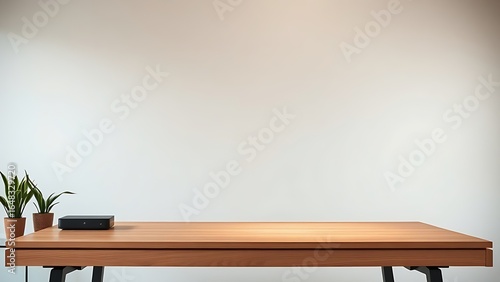 A minimalist wooden desk with a clean, uncluttered surface, radiating modern simplicity.