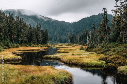 Misty mountain valley with a stream winding through a marsh