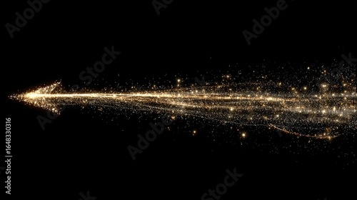 Golden, glowing arrow trail of glittering particles on black background