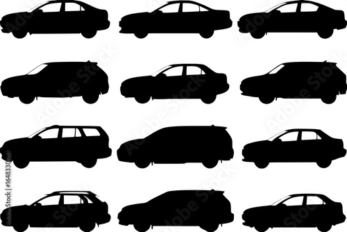 “Set of twelve black silhouettes of modern cars in different views (front, side, three-quarter), arranged in evenly spaced columns and rows, showing diverse vehicle types such as sports coupes, SUVs, 