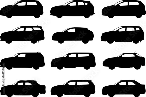 “Set of twelve black silhouettes of modern cars in different views (front, side, three-quarter), arranged in evenly spaced columns and rows, showing diverse vehicle types such as sports coupes, SUVs, 