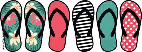 Assorted Flip Flops With Tropical Floral Stripes And Polka Dot Patterns sandals footwear