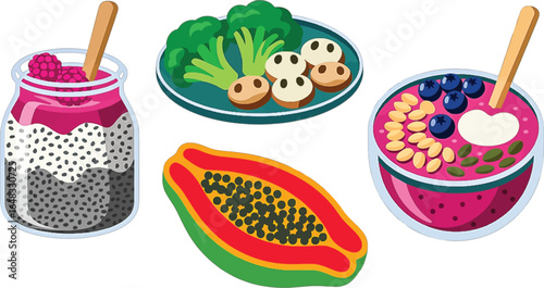 Healthy Food and Fruit Bowls with Chia Seeds and Vegetables