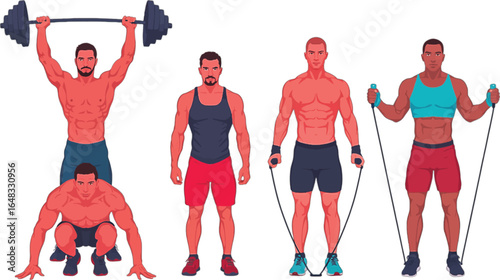Diverse men engaged in various weightlifting and resistance band exercises fitness workout