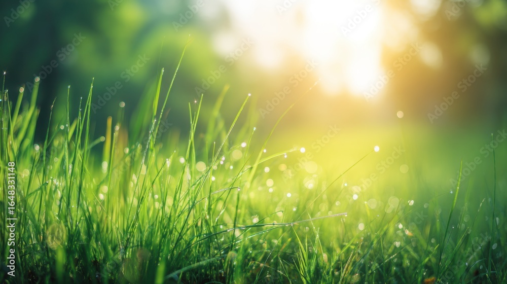 Obraz premium Lush green grass field bathed in soft sunrise or sunset glow, dewy after light rain, radiating backlight from trees,