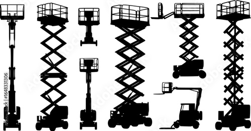 set of scissor lift machine silhouette, black and white silhouette, vector and illustration
