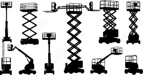 set of scissor lift machine silhouette, black and white silhouette, vector and illustration