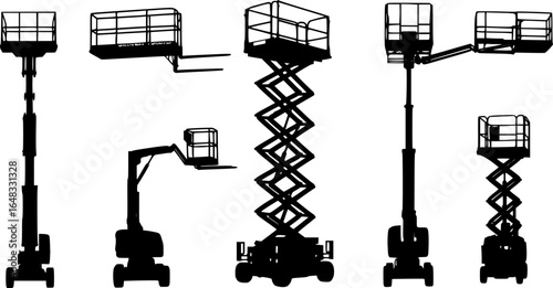 set of scissor lift machine silhouette, black and white silhouette, vector and illustration