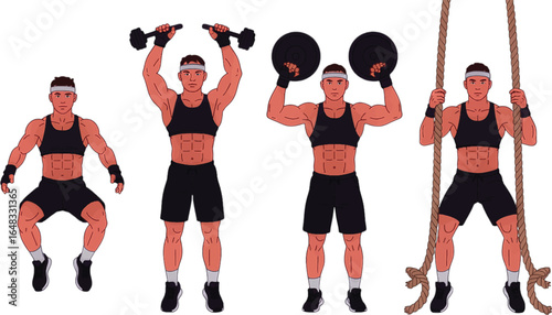 Man performing four different fitness exercises with weights and rope workout male