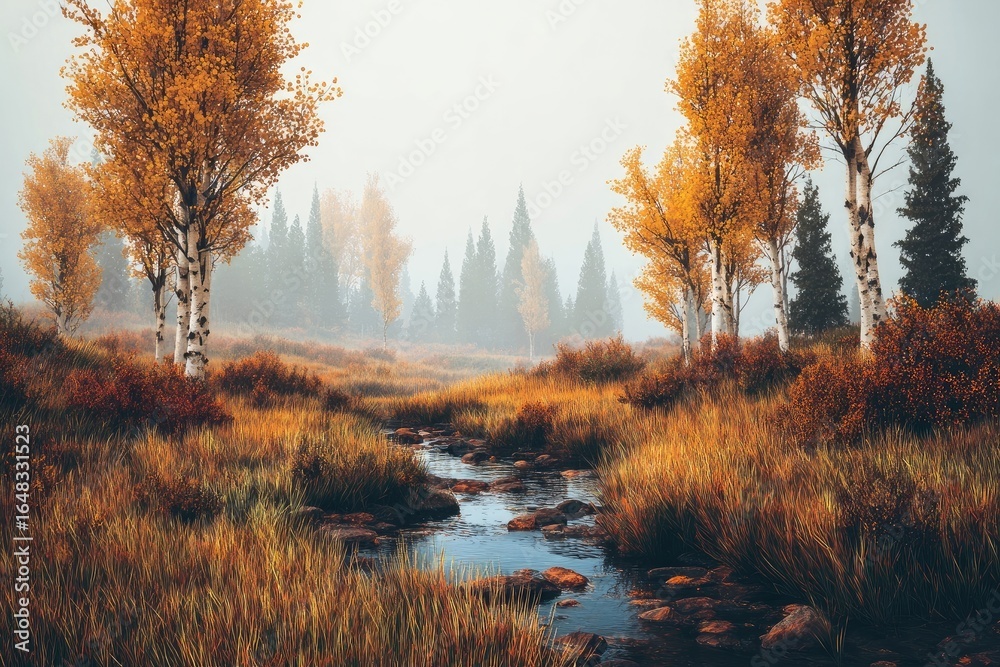 Fototapeta premium Misty autumnal forest scene with a flowing stream