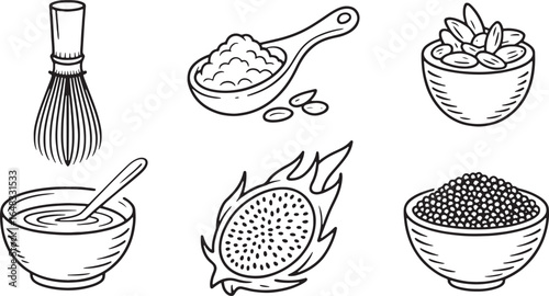 Six Hand Drawn Illustrations of Food Ingredients and Utensils Keywords: whisk, matcha whisk, chasen, spoon, bowl