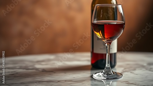 A closeup of a wine bottle and glass on marble, bathed in warm amber tones with a blurred background.