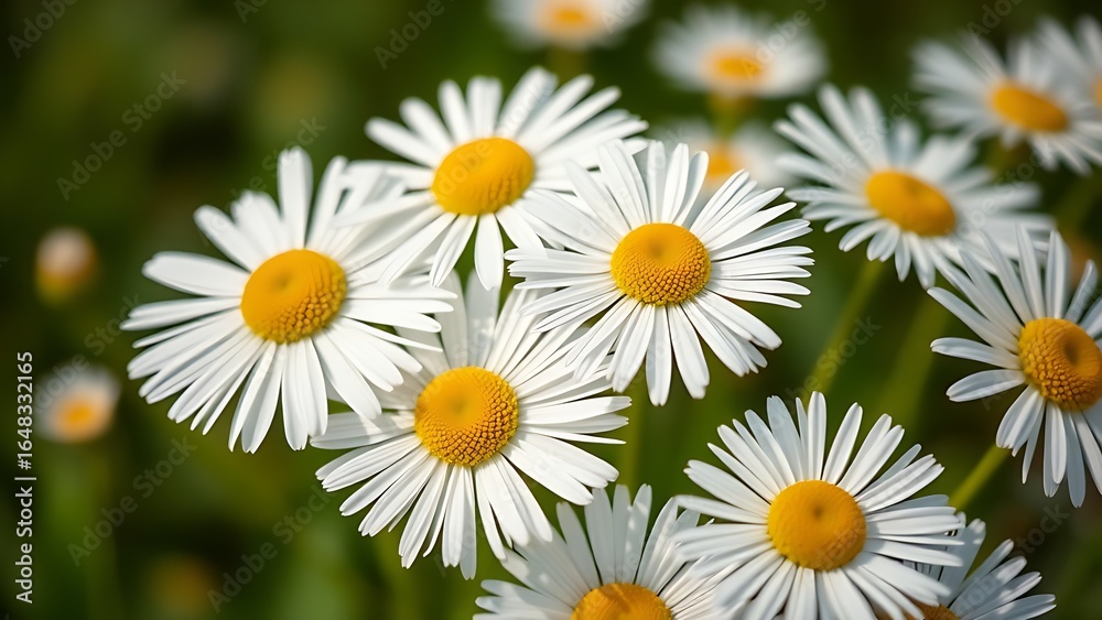 Fototapeta premium Close-up of fresh daisies with a soft green backdrop, natural light enhancing their delicate beauty.