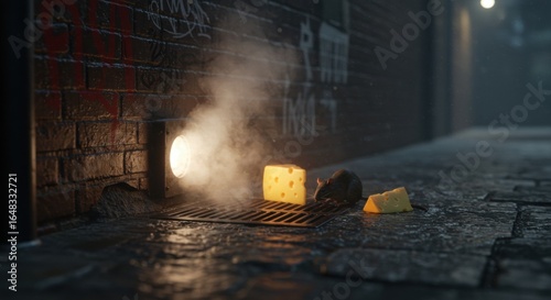 Fototapeta Naklejka Na Ścianę i Meble -  rat cheese | A curious rat scavenges for food near a sewer grate in a dimly lit alley, with steam rising and cheese blocks scattered on the wet cobblestone